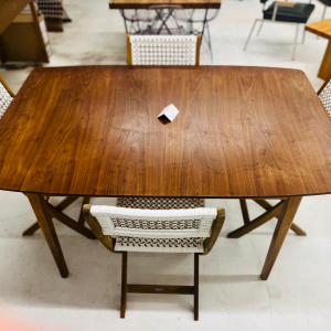 MCM Wood Walnut Dining Table + Four Rattan Style Chairs