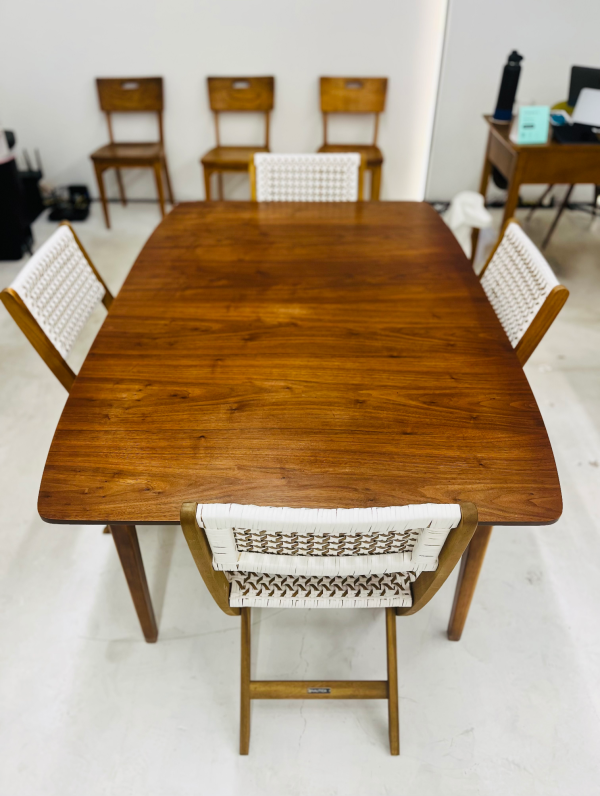 MCM Wood Walnut Dining Table + Four Rattan Style Chairs - Image 2