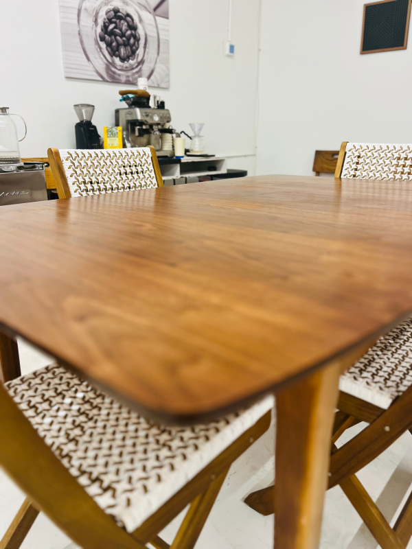 MCM Wood Walnut Dining Table + Four Rattan Style Chairs - Image 4