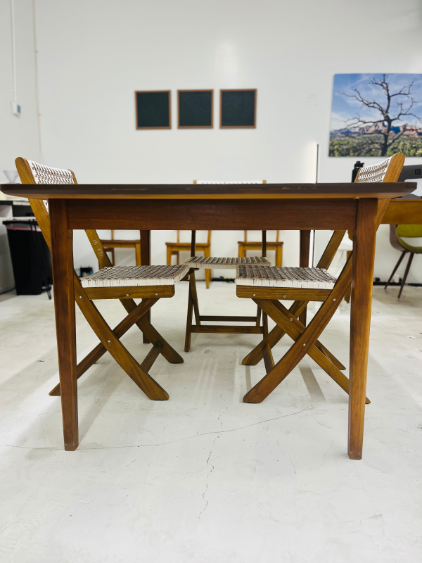 MCM Wood Walnut Dining Table + Four Rattan Style Chairs - Image 5