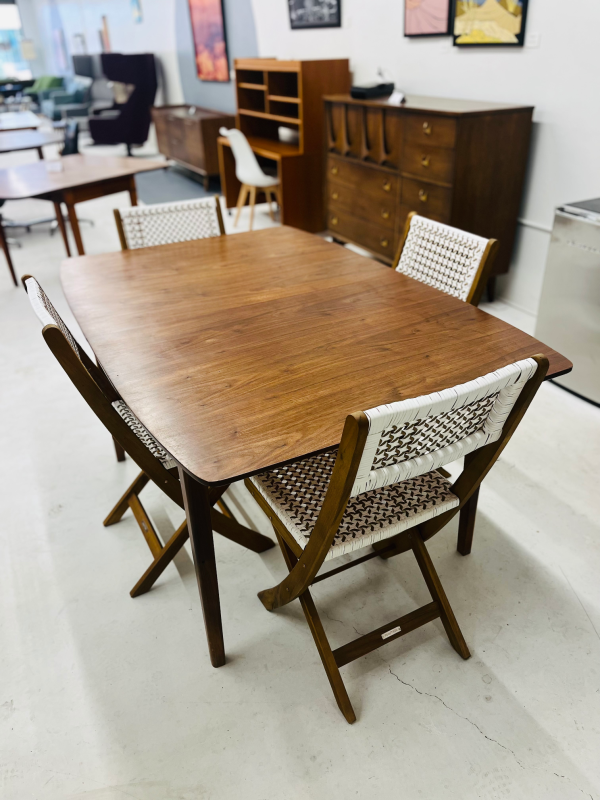 MCM Wood Walnut Dining Table + Four Rattan Style Chairs - Image 3