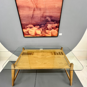 1960s Glass Top Japanese Blonde Oak Desk With Pull Out Drawer By Designer Shin Azumi