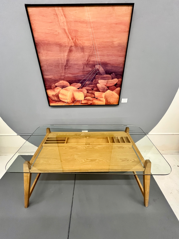 1960s Glass Top Japanese Blonde Oak Desk With Pull Out Drawer By Designer Shin Azumi