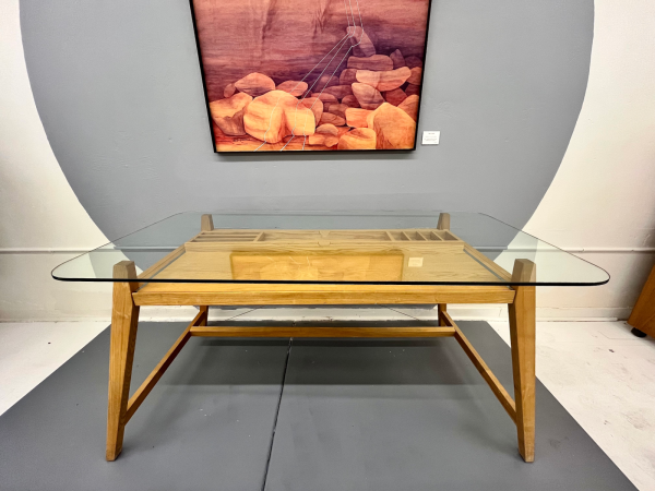 1960s Glass Top Japanese Blonde Oak Desk With Pull Out Drawer By Designer Shin Azumi - Image 2