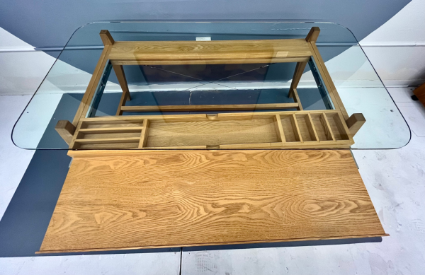 1960s Glass Top Japanese Blonde Oak Desk With Pull Out Drawer By Designer Shin Azumi - Image 5