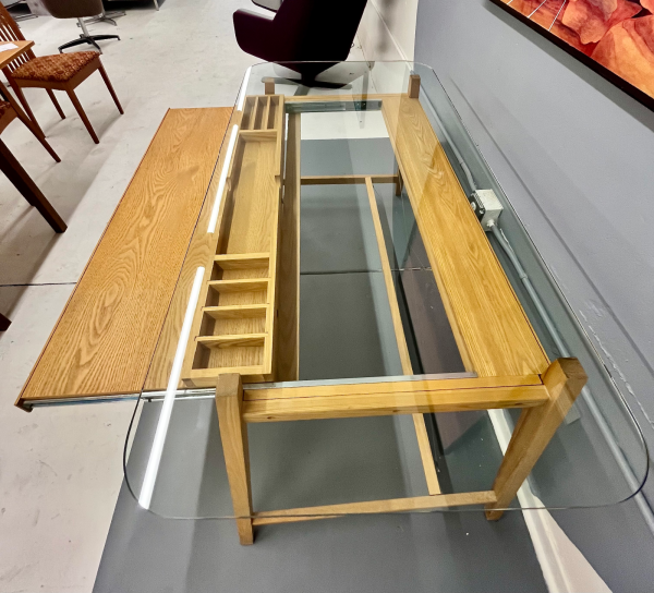 1960s Glass Top Japanese Blonde Oak Desk With Pull Out Drawer By Designer Shin Azumi - Image 4