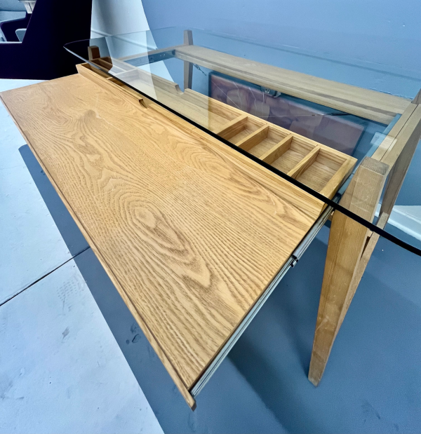 1960s Glass Top Japanese Blonde Oak Desk With Pull Out Drawer By Designer Shin Azumi - Image 3