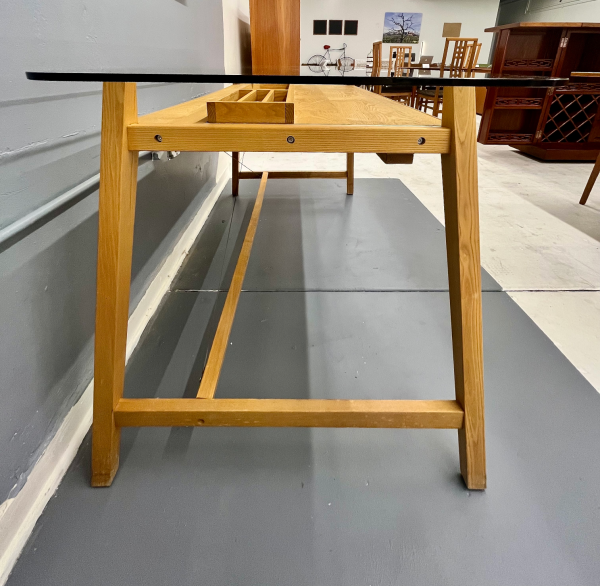 1960s Glass Top Japanese Blonde Oak Desk With Pull Out Drawer By Designer Shin Azumi - Image 6