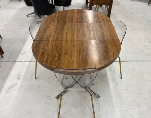 MCM Veneer Dining Table With Four Acrylic Chairs (Leaf Included) - Image 3