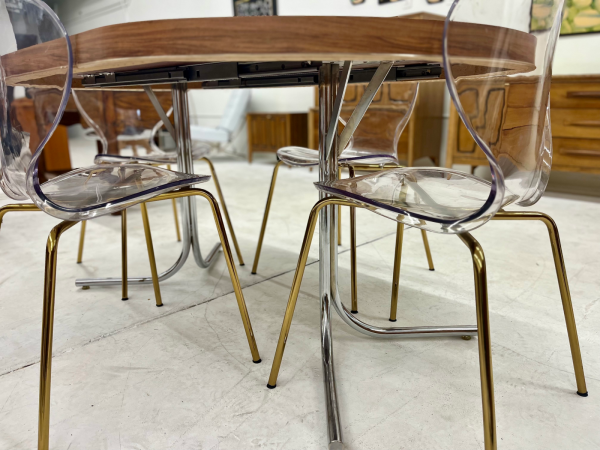 MCM Veneer Dining Table With Four Acrylic Chairs (Leaf Included) - Image 4