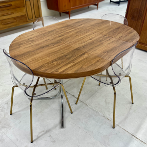 MCM Veneer Dining Table With Four Acrylic Chairs (Leaf Included)
