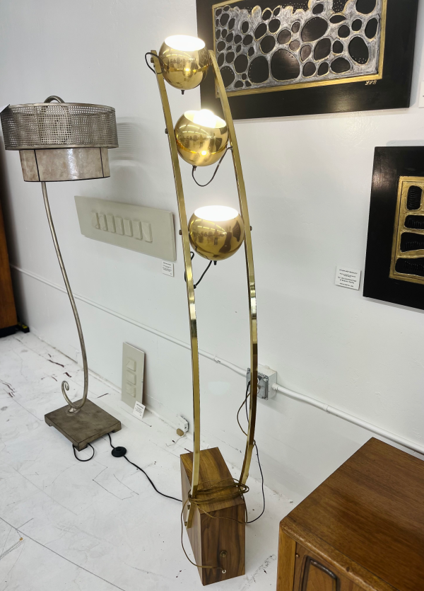 Space Age Brass Three-Bulb Light Fixture With Walnut Wood Base - Image 2