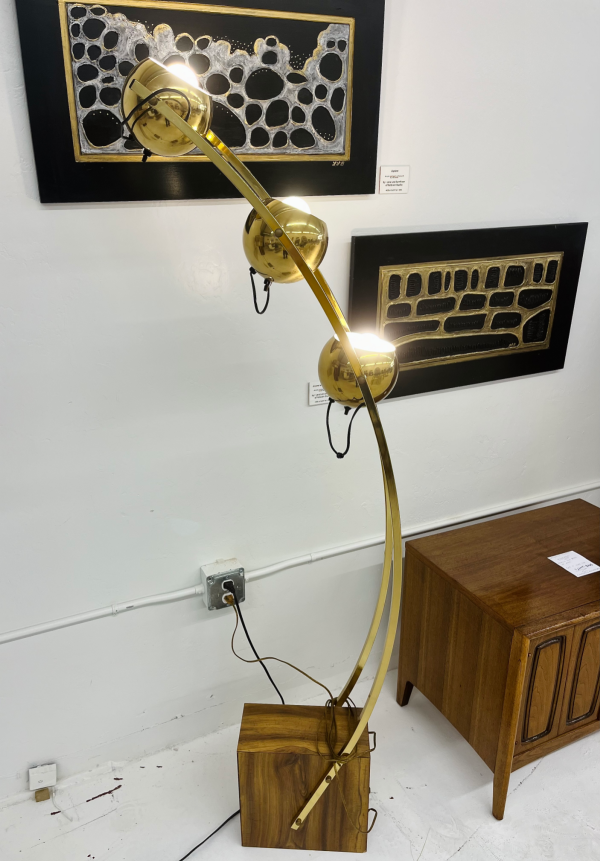 Space Age Brass Three-Bulb Light Fixture With Walnut Wood Base - Image 3
