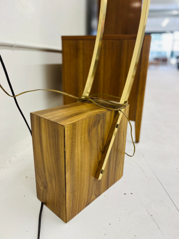 Space Age Brass Three-Bulb Light Fixture With Walnut Wood Base - Image 5