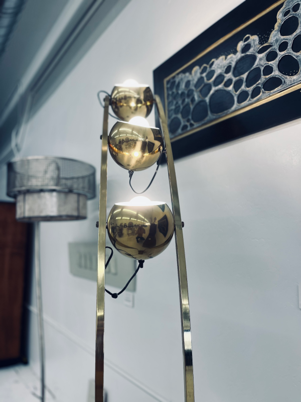 Space Age Brass Three-Bulb Light Fixture With Walnut Wood Base