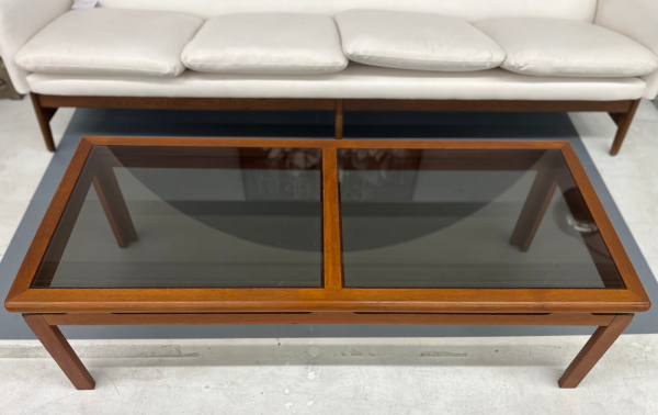 Long Danish Teak Coffee Table With Smoked Glass By Designer Kristiansen Thomassen