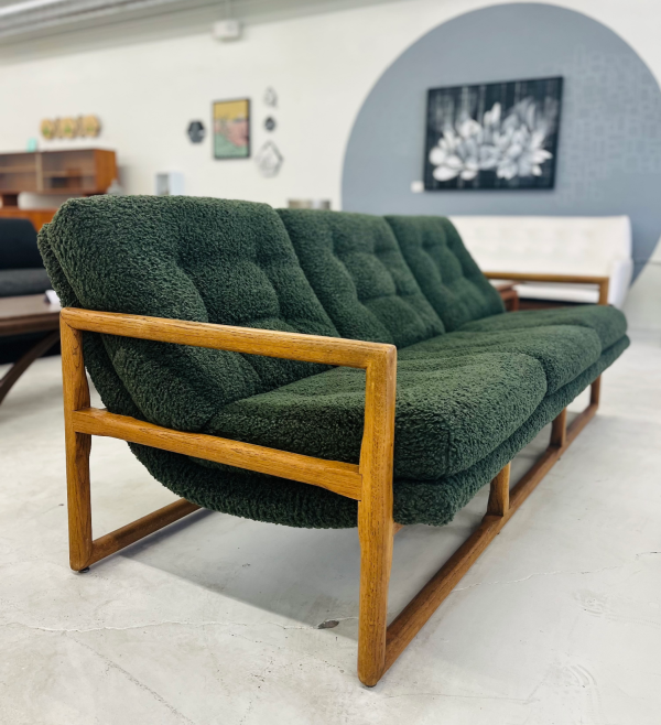 1960s Danish Army Green Boucle Easy Lounge Teak Couch From Möbelfabrik Holstebro