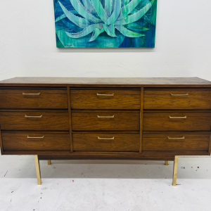 1960s Dixie 9-Drawer Walnut Dresser With Gold Brass Hardware
