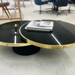 1960s Design Institute of America Mid Century Smoked Glass & Brass Revolving Two Tier Coffee Table