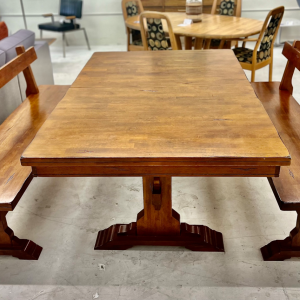 Mahogany Trestle Dining Table Set with Wood Benches