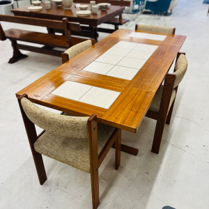 1970s Danish Teak Wood Dining Table with White Tile Inserts By Gangsø Møbler + Four Teak Chairs by Farsø Stolefabrik