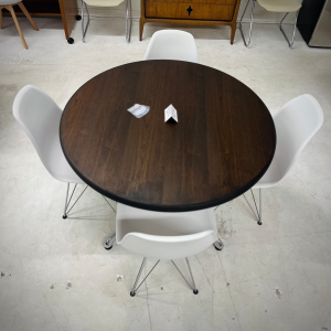 Completely Refinished Round Walnut Steelcase Table With Metal Frame/Legs  +  Four Eames Inspired White Chairs