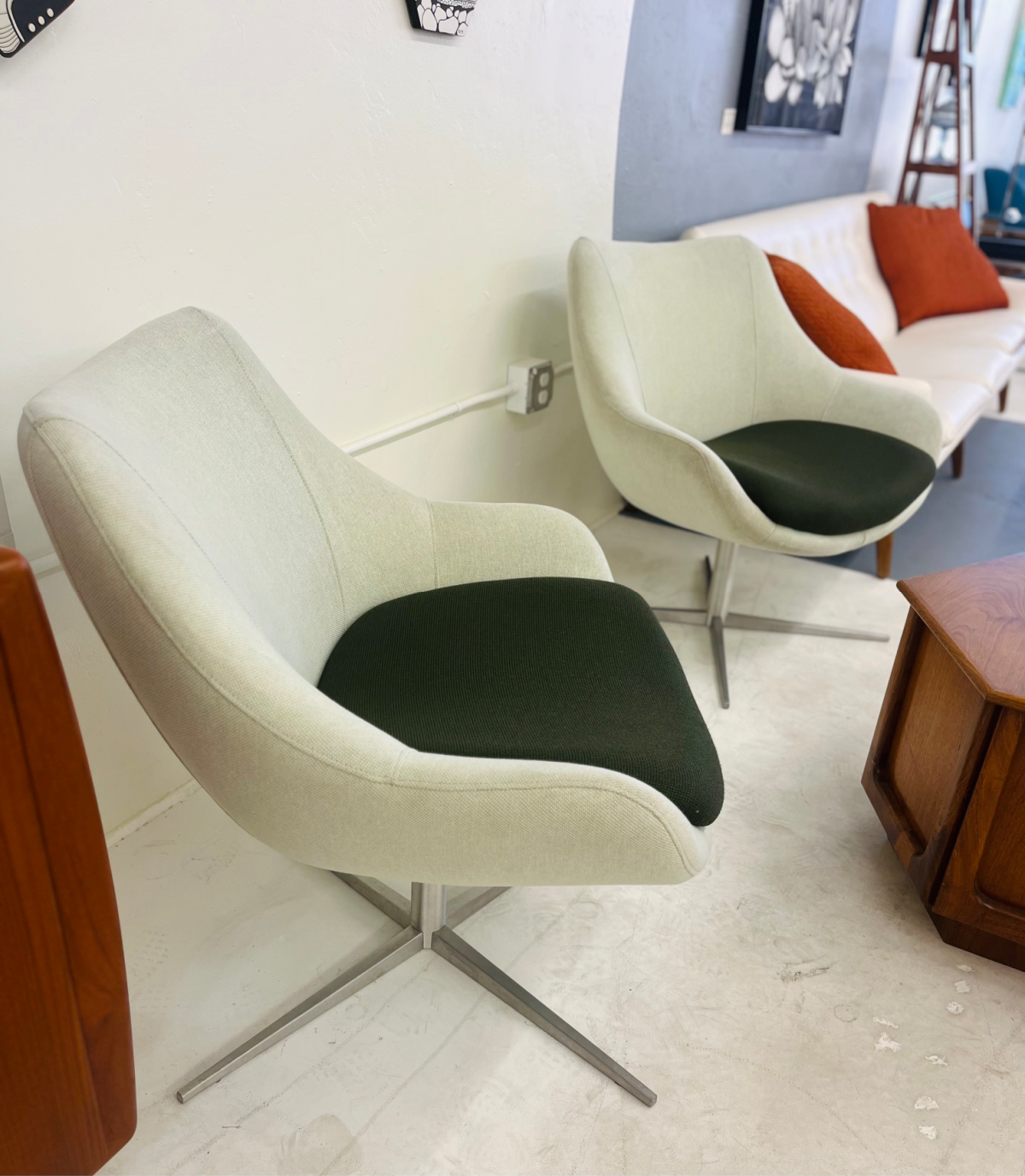 Kimball Bloom Swivel Lounge Chairs (Cream + Dark Green) - Image 2