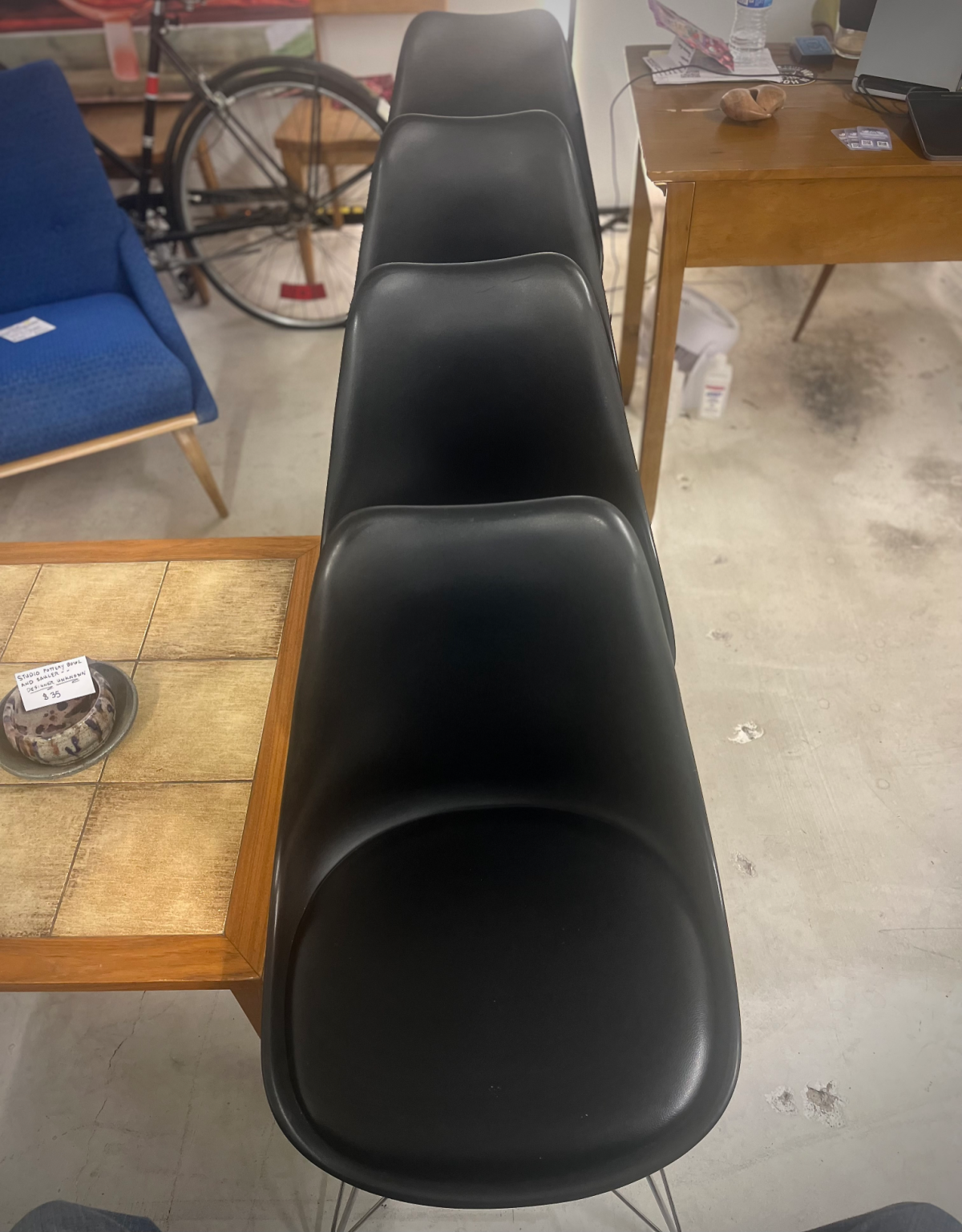 Eames Inspired Black Chairs With Black Cushions, Metal Base + Legs - Image 4