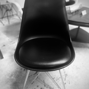 Eames Inspired Black Chairs With Black Cushions, Metal Base + Legs