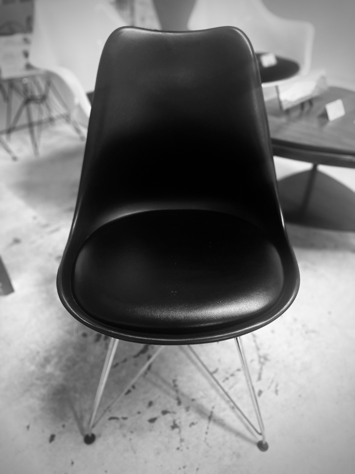 Eames Inspired Black Chairs With Black Cushions, Metal Base + Legs