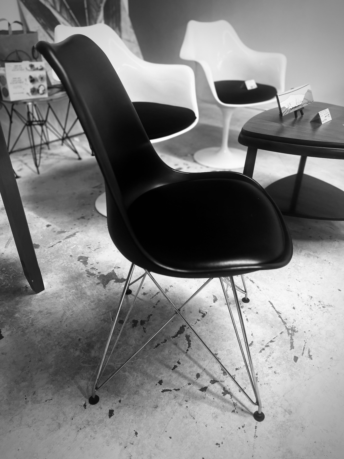 Eames Inspired Black Chairs With Black Cushions, Metal Base + Legs - Image 2