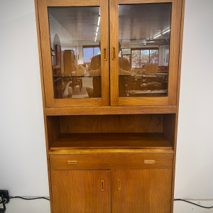 Refinished Danish Teak Hutch With Two Glass Shelves, One Drawer + Compartment Space On Bottom