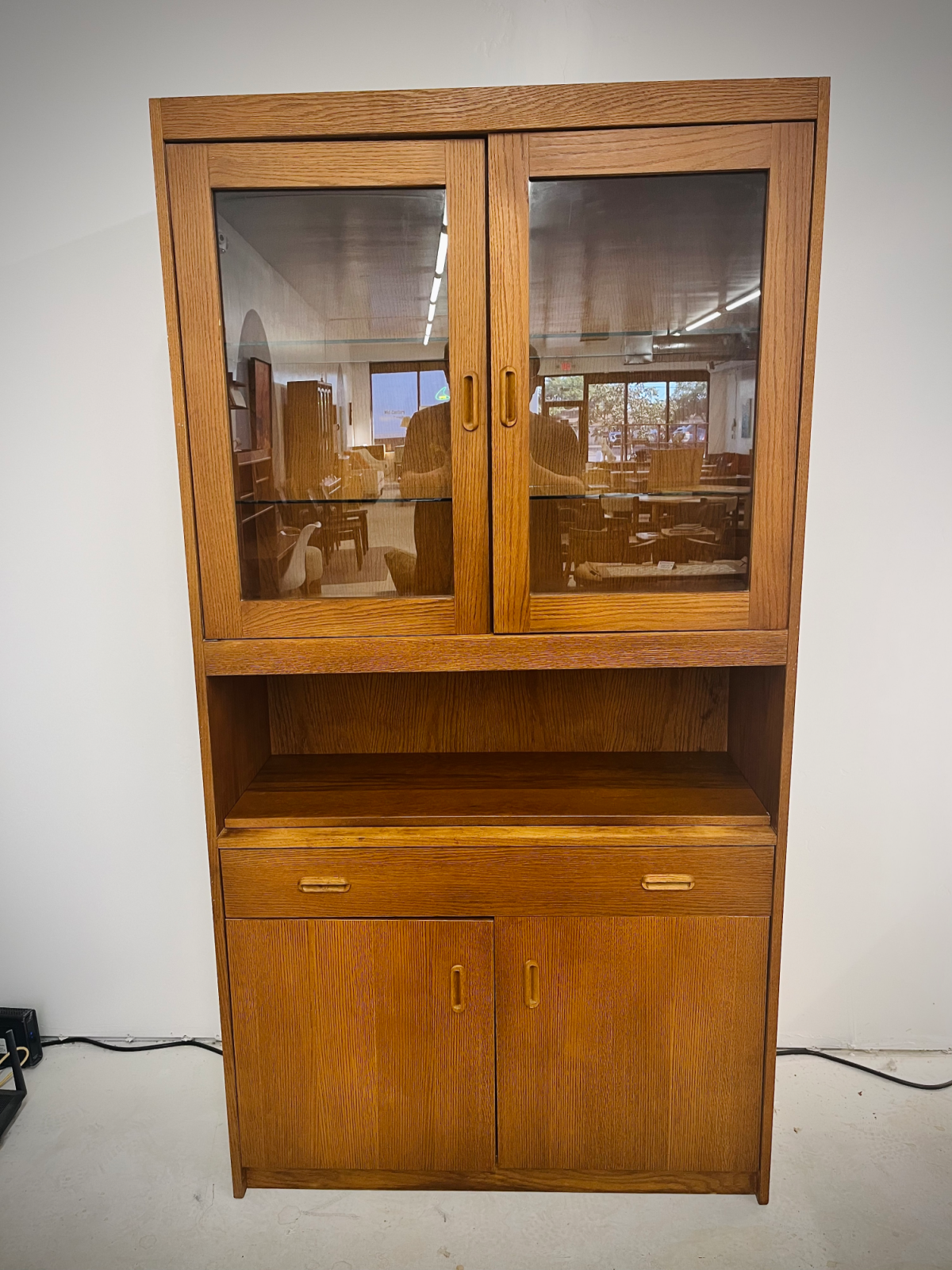 Refinished Danish Teak Hutch With Two Glass Shelves, One Drawer + Compartment Space On Bottom