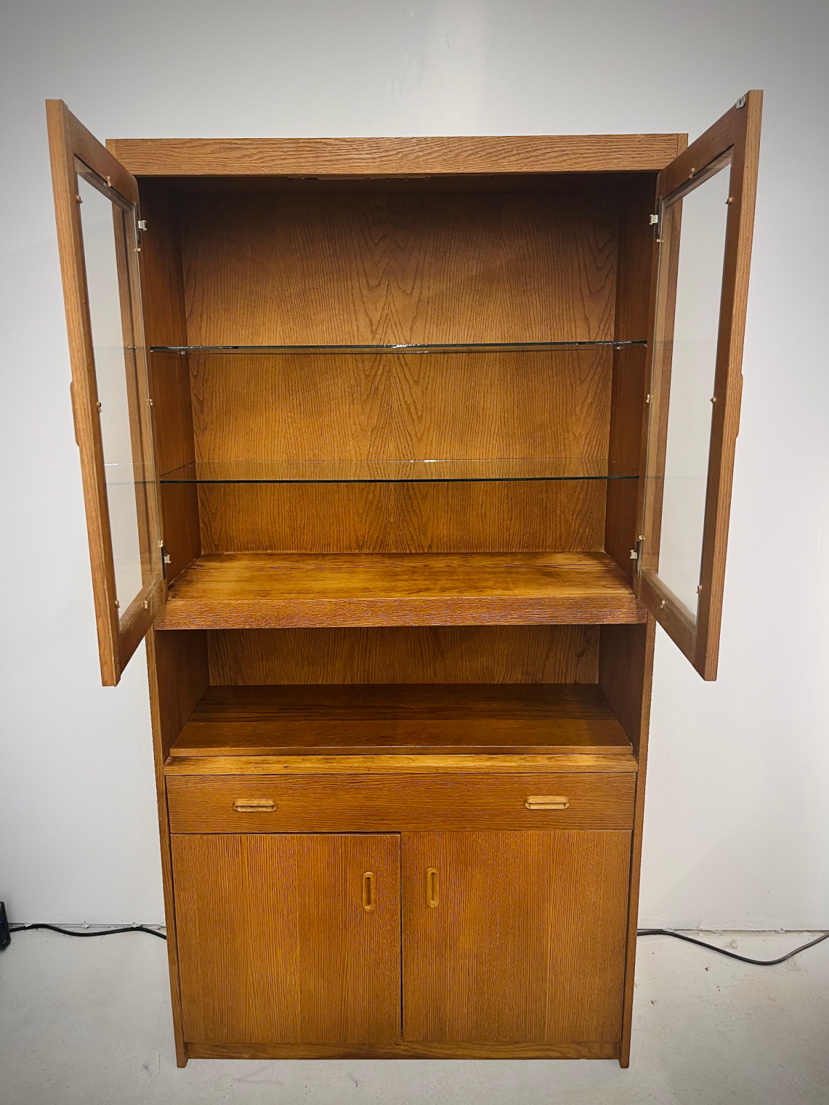 Refinished Danish Teak Hutch With Two Glass Shelves, One Drawer + Compartment Space On Bottom - Image 2