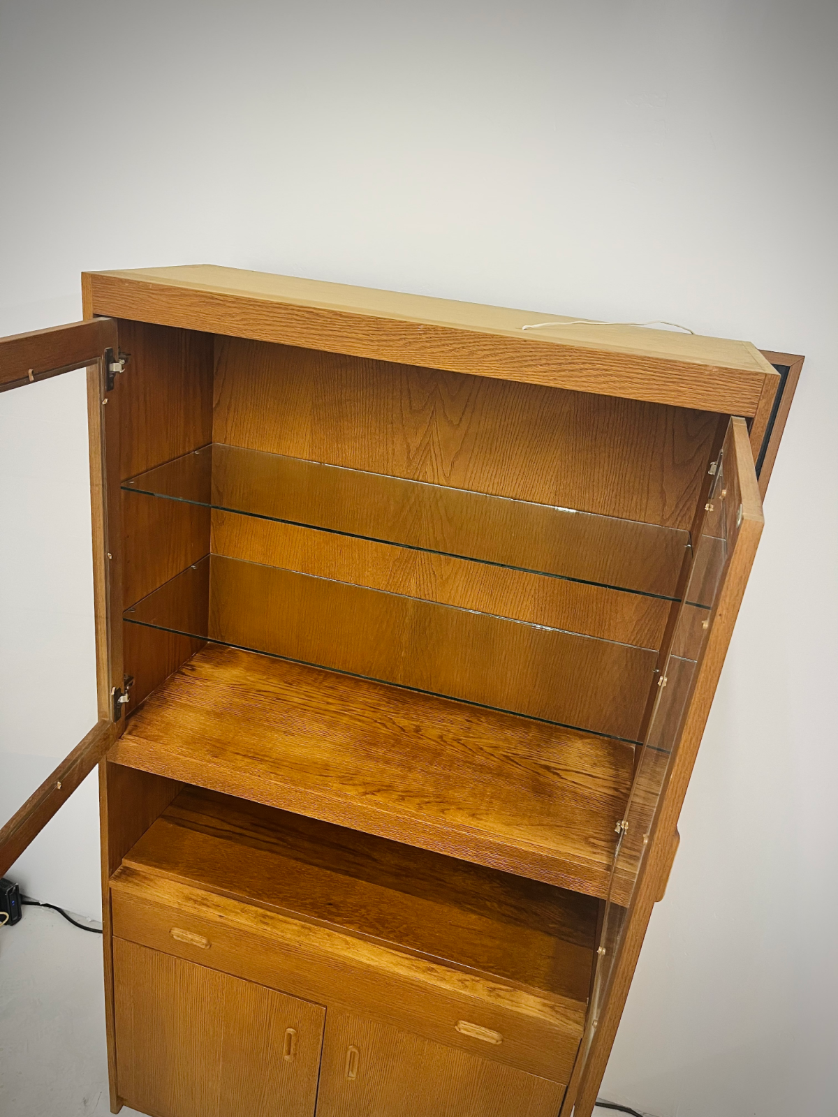 Refinished Danish Teak Hutch With Two Glass Shelves, One Drawer + Compartment Space On Bottom - Image 4