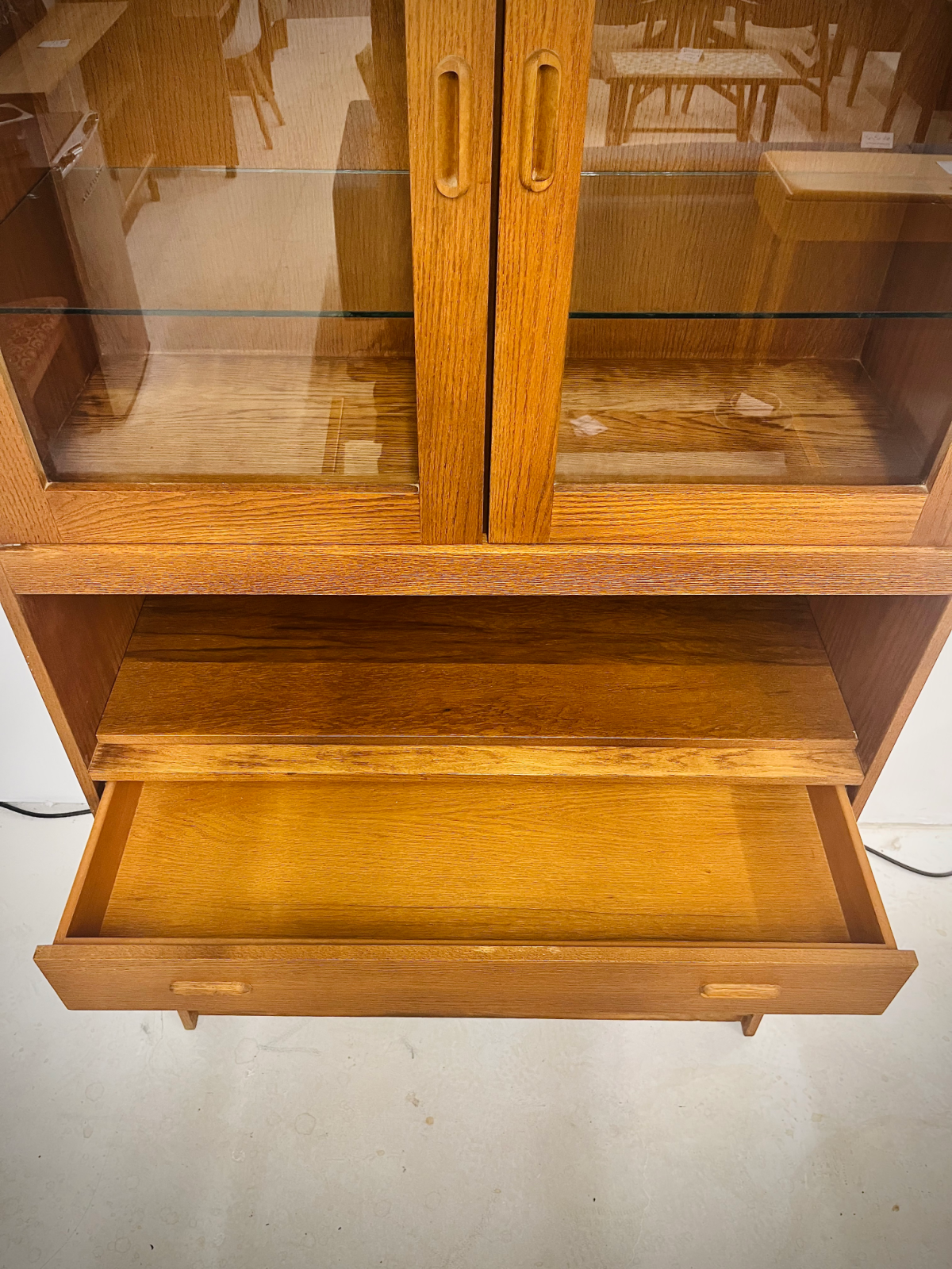 Refinished Danish Teak Hutch With Two Glass Shelves, One Drawer + Compartment Space On Bottom - Image 6