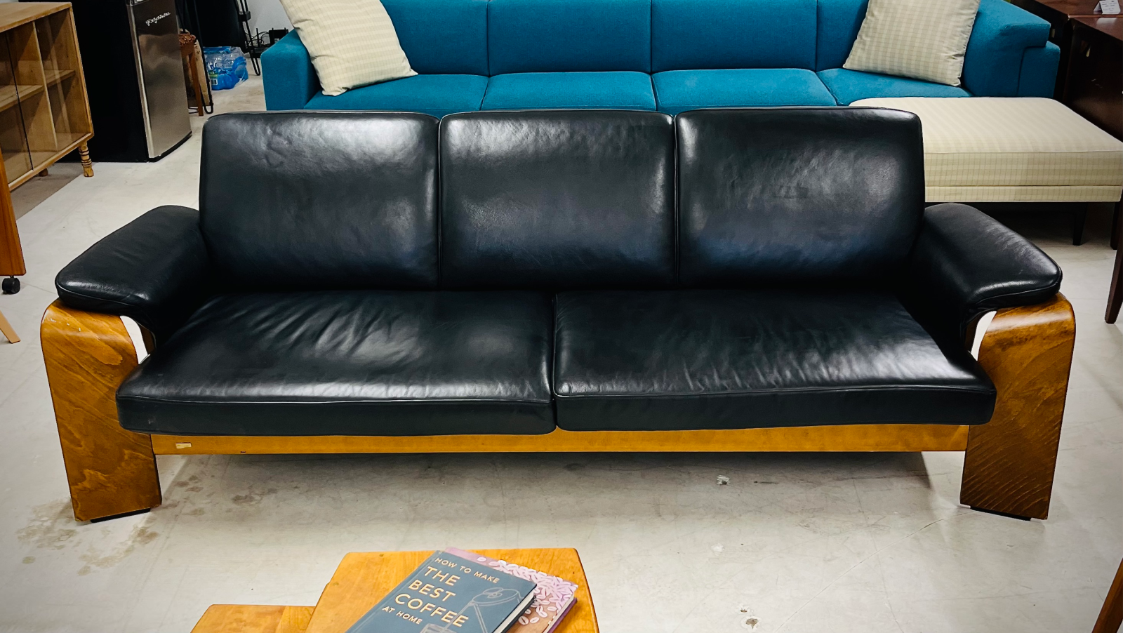 Authentic Black Leather Norwegian Ekornes Pegasus Couch With Walnut Frame/Legs - Image 2