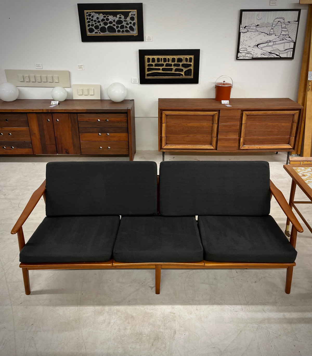 Danish Three Seat Teak Dark Green Couch (Manufacturer Unknown)