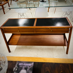 Console or Entertainment Fruitwood Table with Black Leather Inlays by Baker Furniture