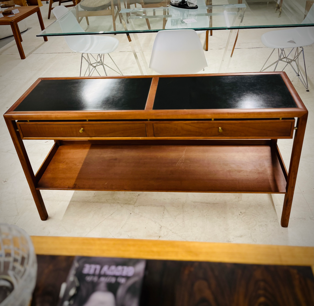 Console or Entertainment Fruitwood Table with Black Leather Inlays by Baker Furniture