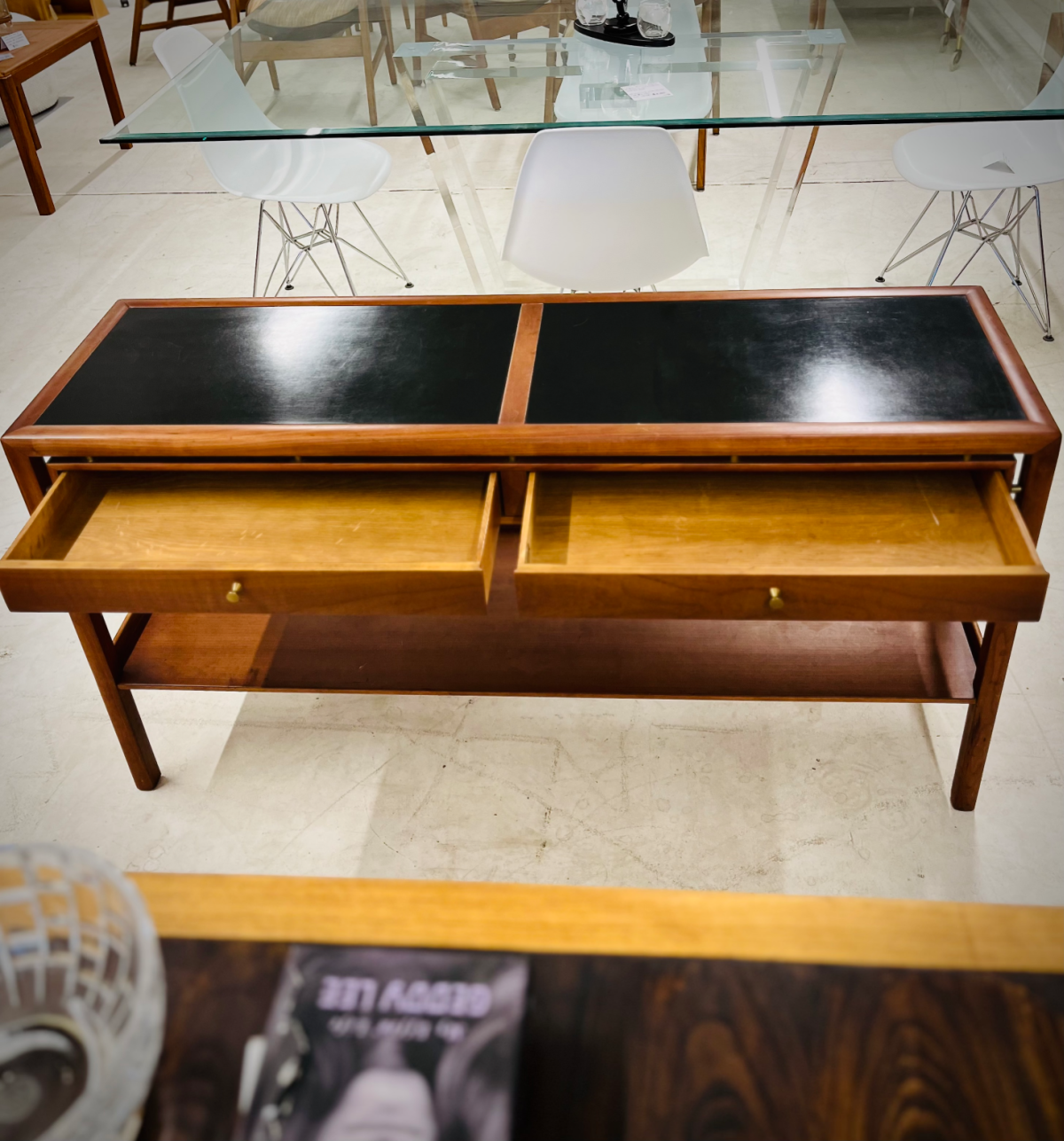 Console or Entertainment Fruitwood Table with Black Leather Inlays by Baker Furniture - Image 2