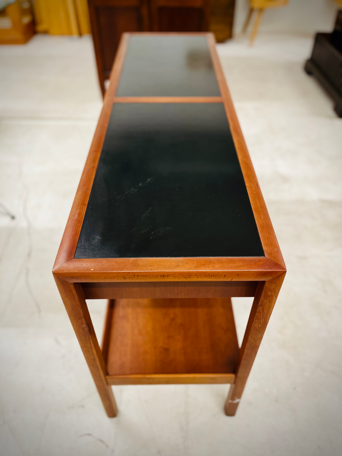 Console or Entertainment Fruitwood Table with Black Leather Inlays by Baker Furniture - Image 4