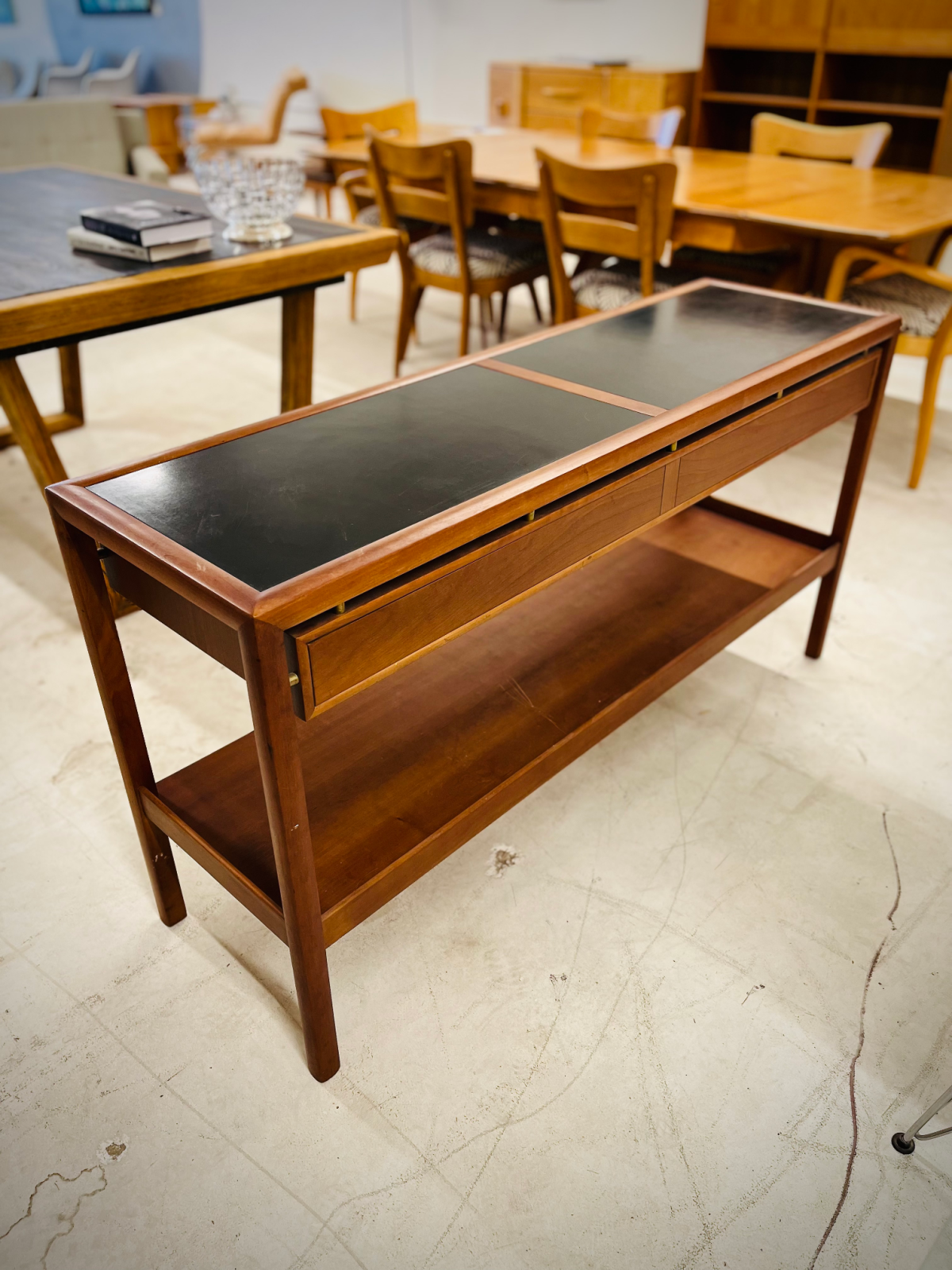 Console or Entertainment Fruitwood Table with Black Leather Inlays by Baker Furniture - Image 3