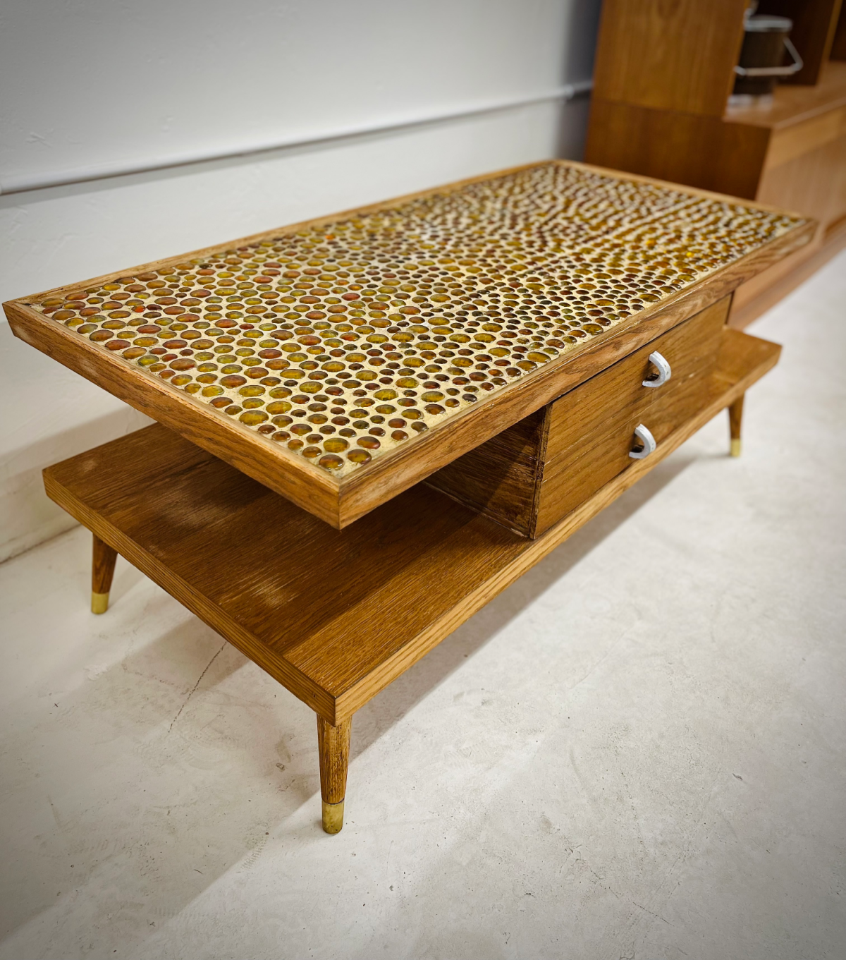 REFINISHED Amber Mosaic Wood Coffee Table With One Drawer