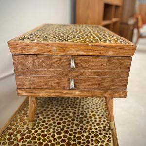 REFINISHED Amber Mosaic Wood Side Table With One Drawer