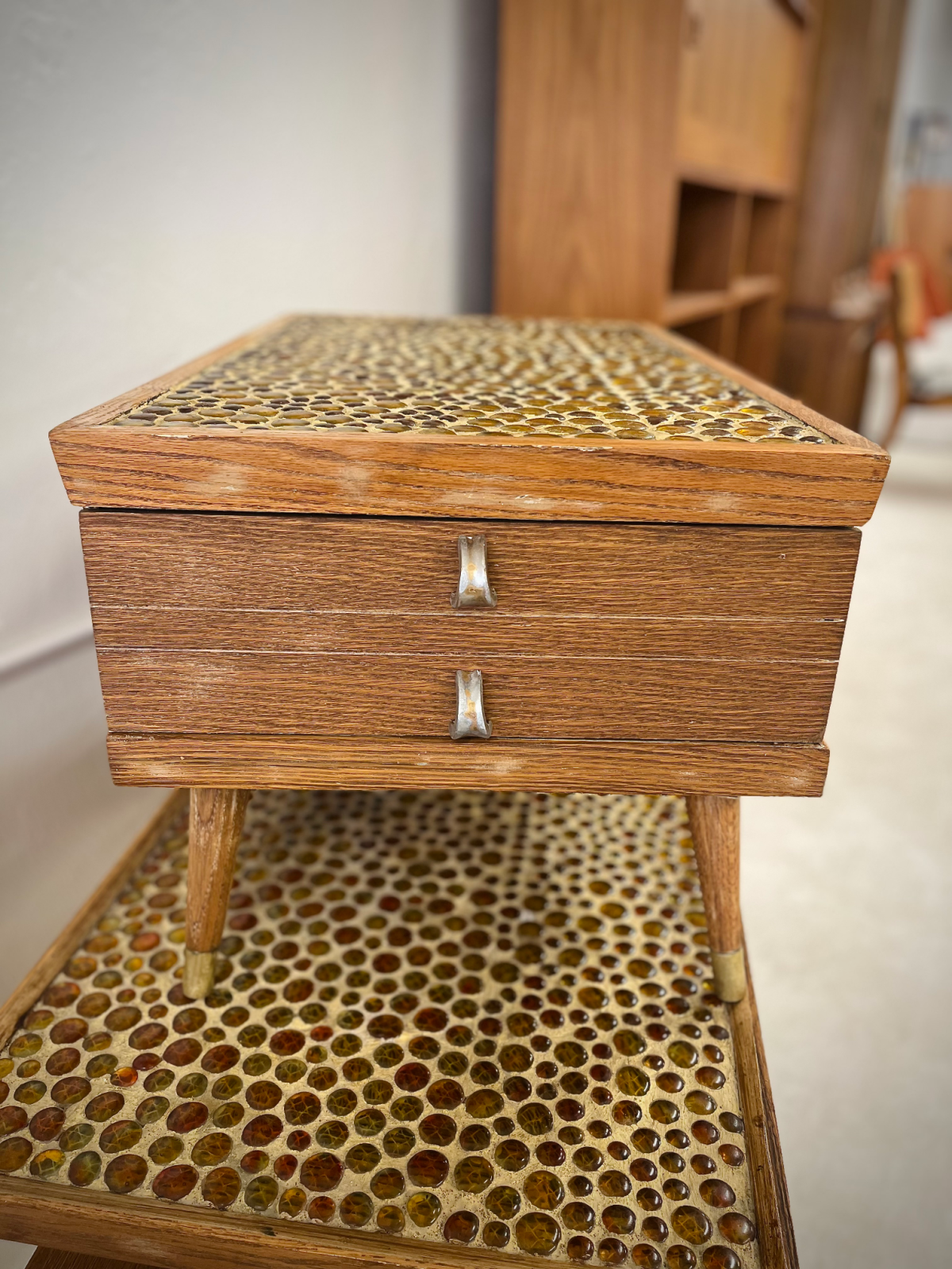 REFINISHED Amber Mosaic Wood Side Table With One Drawer