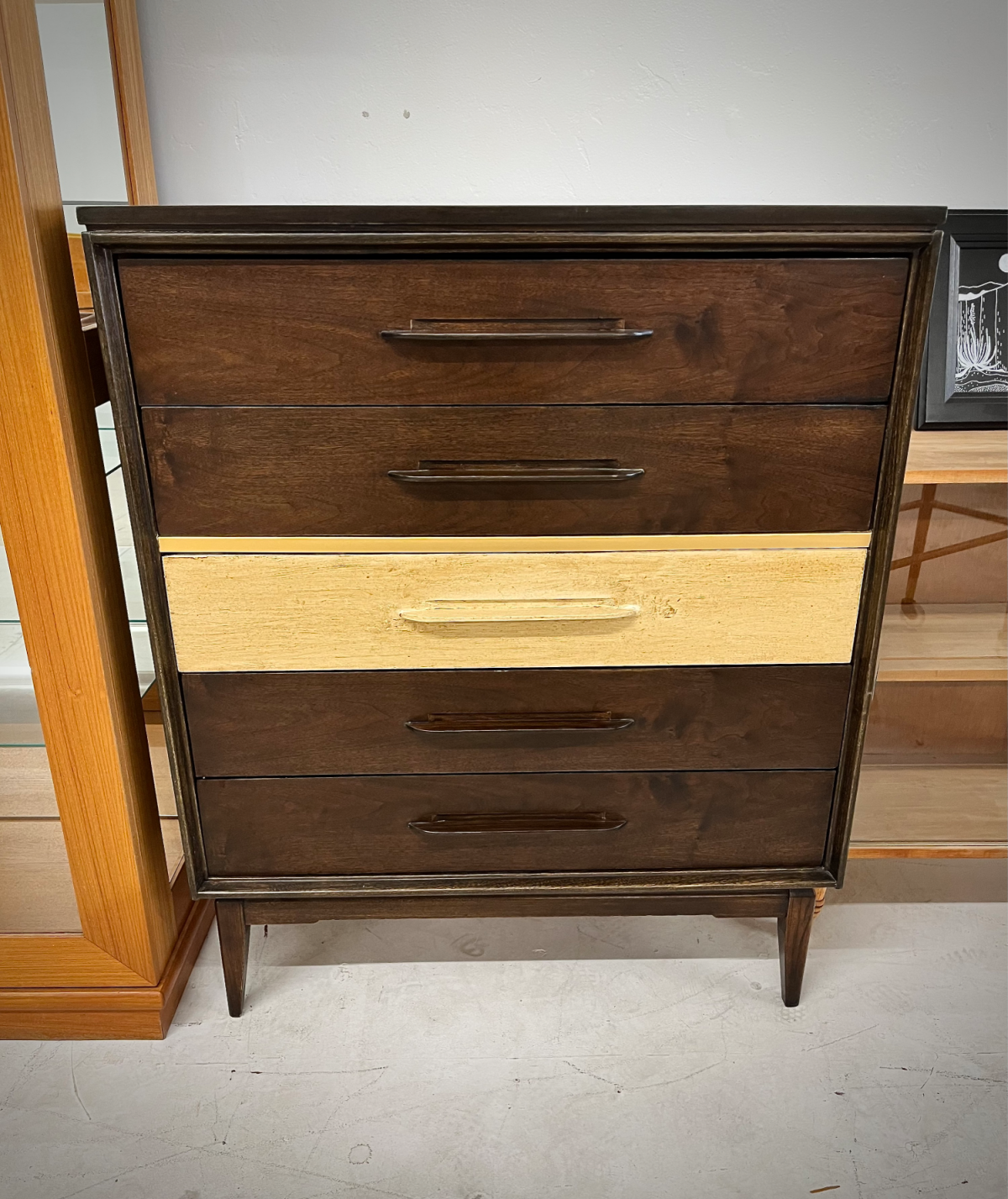 Bassett Five Drawer Walnut Tallboy Dresser