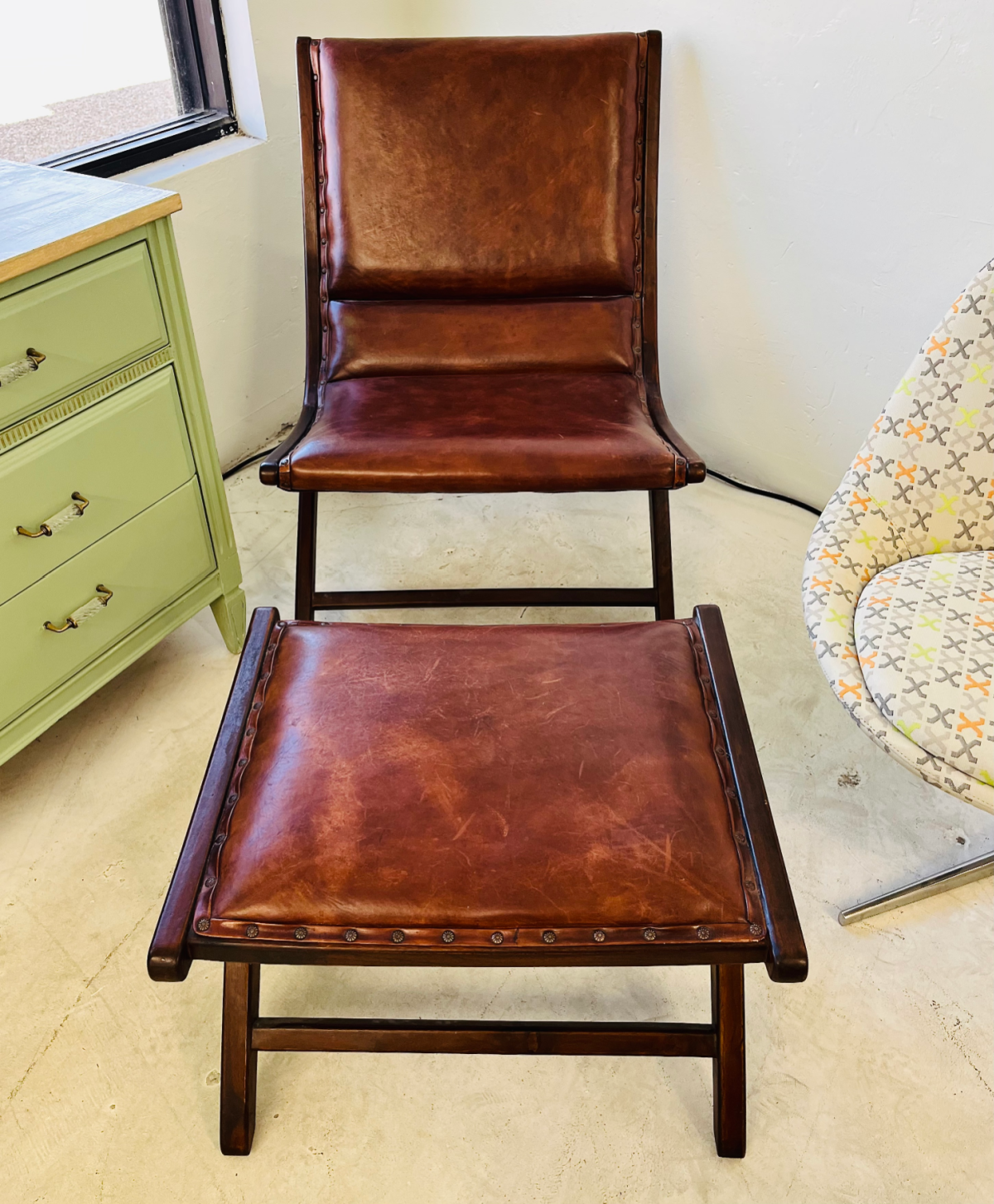 Teak Leather Chair + Ottoman By DecMode