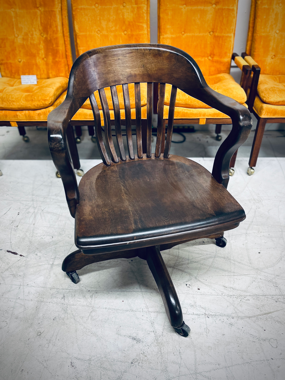 1920s Bank of England Jury Style Swivel Tilt Art Deco/Industrial Walnut Desk Chair