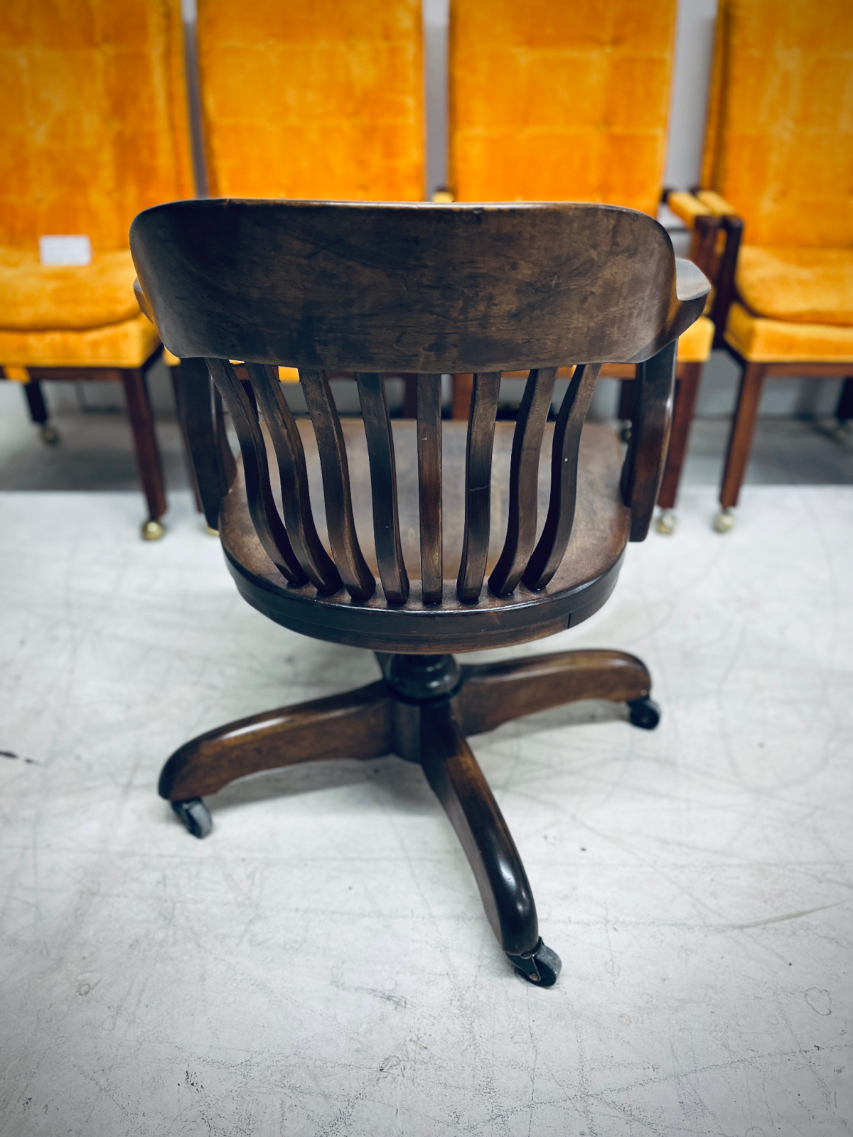 1920s Bank of England Jury Style Swivel Tilt Art Deco/Industrial Walnut Desk Chair - Image 3